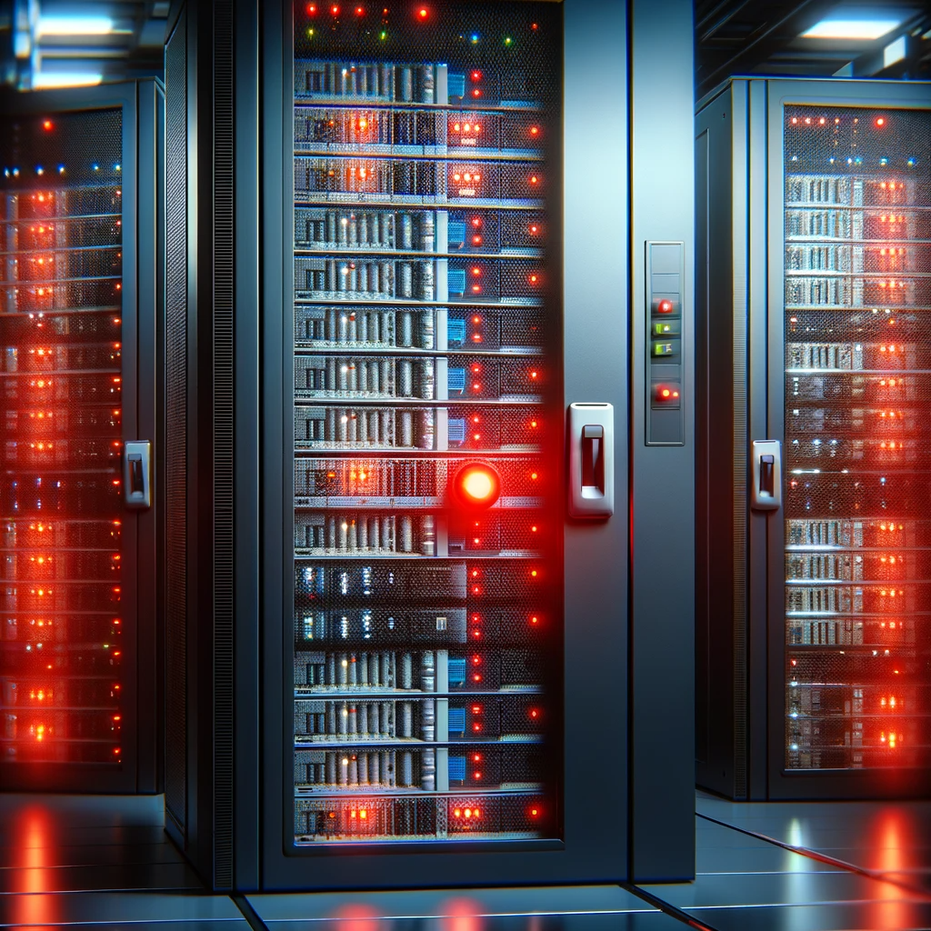 Server racks with a red light indicating an issue