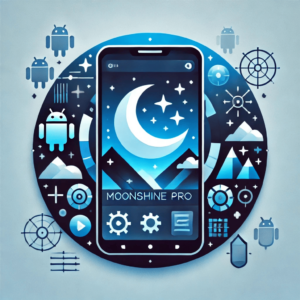 Moonshine Pro 3.6.1 APK featured image showing Android icons, customization tools, and crescent moon interface design.