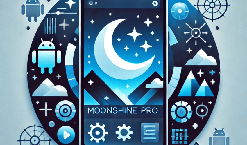 Moonshine Pro 3.6.1 APK featured image showing Android icons, customization tools, and crescent moon interface design.