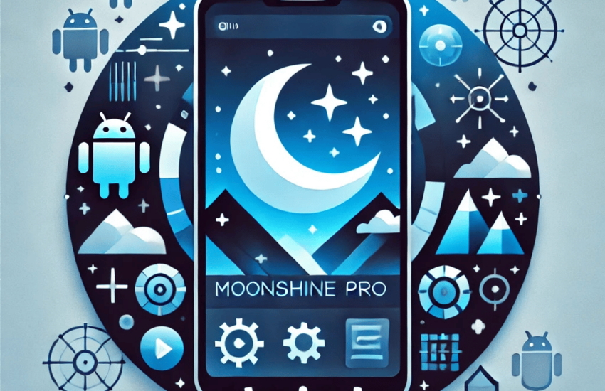 Moonshine Pro 3.6.1 APK featured image showing Android icons, customization tools, and crescent moon interface design.