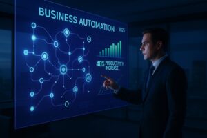A business professional in a modern 2025 office using a holographic interface to optimize an AI business automation workflow.