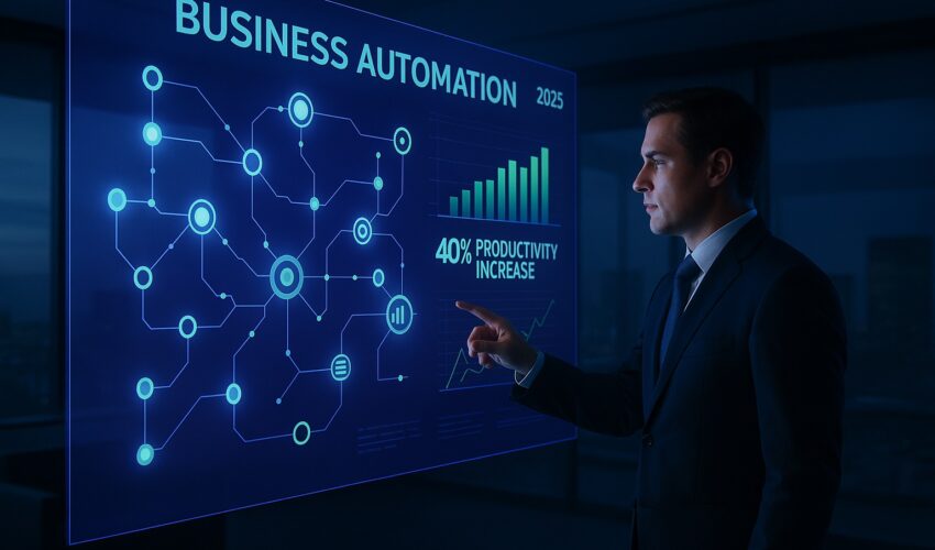 A business professional in a modern 2025 office using a holographic interface to optimize an AI business automation workflow.