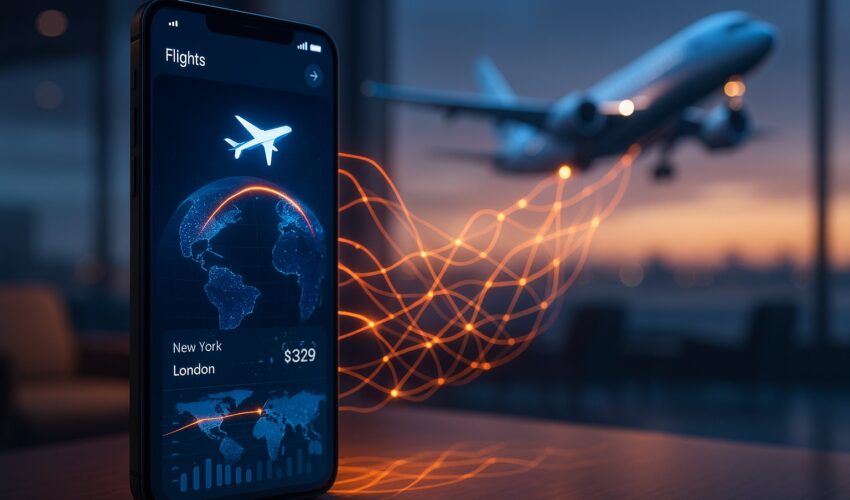 A smartphone displaying an AI-powered travel app interface that is automatically booking a flight on a world map.