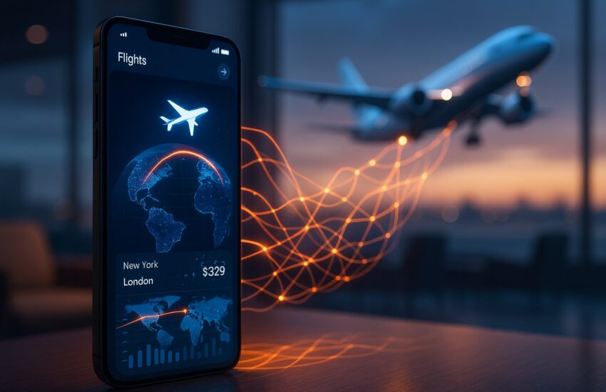 A smartphone displaying an AI-powered travel app interface that is automatically booking a flight on a world map.