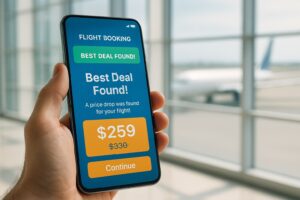 A traveler using one of the best flight booking apps on a smartphone to find and get cheap air tickets in 2025, with a deal highlighted on the screen.