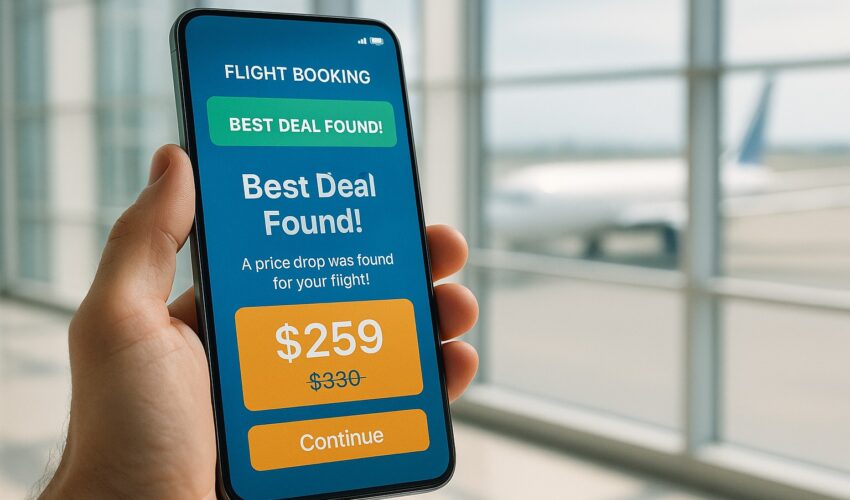 A traveler using one of the best flight booking apps on a smartphone to find and get cheap air tickets in 2025, with a deal highlighted on the screen.