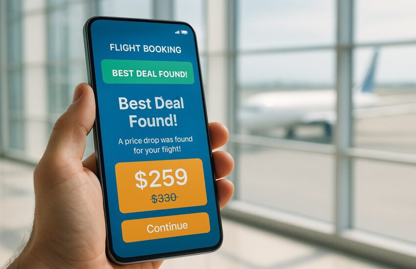 A traveler using one of the best flight booking apps on a smartphone to find and get cheap air tickets in 2025, with a deal highlighted on the screen.