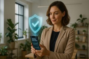 ALT Text: An entrepreneur confidently reviews options for the Best Small Business Insurance Apps 2025 on a modern smartphone, with a graphic of a shield symbolizing protection.