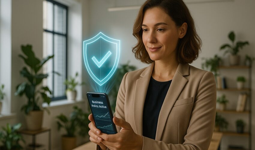 ALT Text: An entrepreneur confidently reviews options for the Best Small Business Insurance Apps 2025 on a modern smartphone, with a graphic of a shield symbolizing protection.