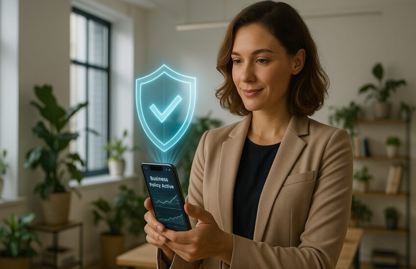 ALT Text: An entrepreneur confidently reviews options for the Best Small Business Insurance Apps 2025 on a modern smartphone, with a graphic of a shield symbolizing protection.