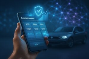 A person's hand holding a smartphone to compare AI car insurance quotes instantly with mobile apps for 2025, with futuristic data charts in the background.