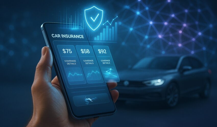 A person's hand holding a smartphone to compare AI car insurance quotes instantly with mobile apps for 2025, with futuristic data charts in the background.