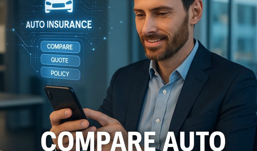 Compare Auto Insurance Apps Instantly - photorealistic image showing a person analyzing insurance options on a smartphone interface.