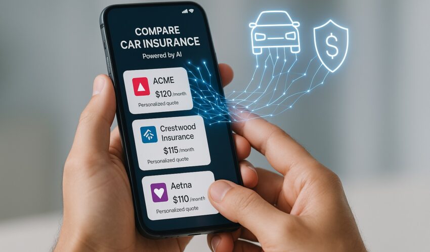 A person's hands holding a smartphone to compare car insurance using AI-powered apps, showing multiple real-time quotes and savings opportunities on the screen.