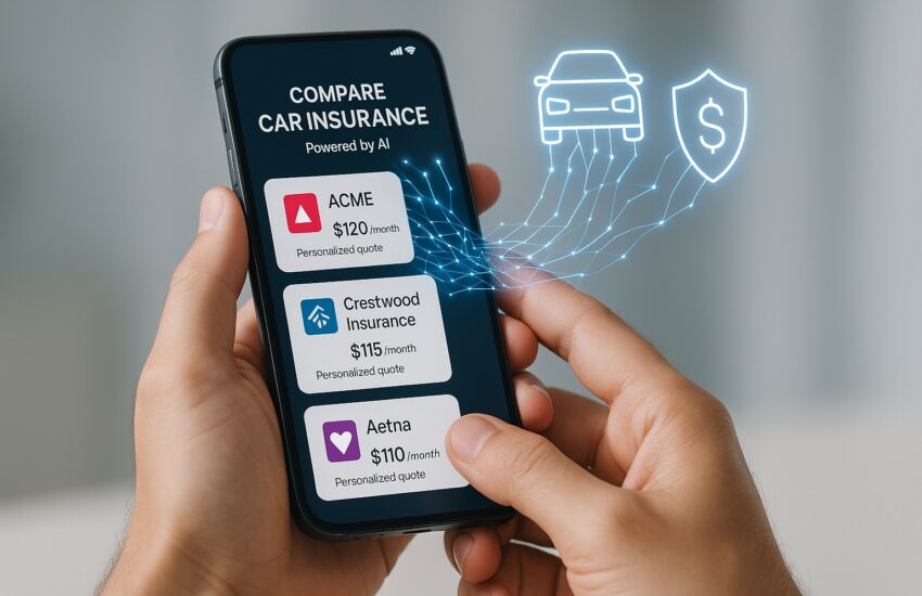 A person's hands holding a smartphone to compare car insurance using AI-powered apps, showing multiple real-time quotes and savings opportunities on the screen.