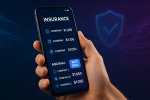 A smartphone screen showing how to use AI insurance apps to compare rates instantly, with comparison charts and calculated savings highlighted.