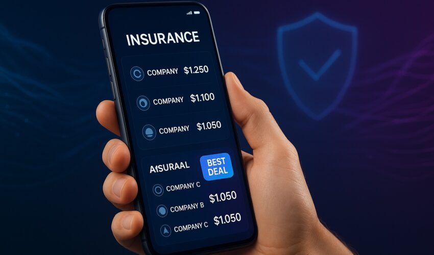 A smartphone screen showing how to use AI insurance apps to compare rates instantly, with comparison charts and calculated savings highlighted.