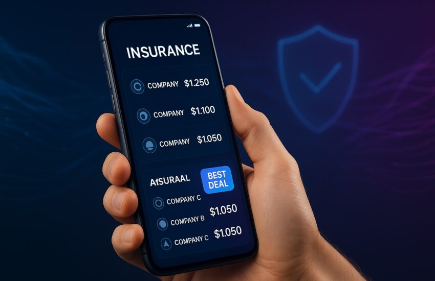 A smartphone screen showing how to use AI insurance apps to compare rates instantly, with comparison charts and calculated savings highlighted.
