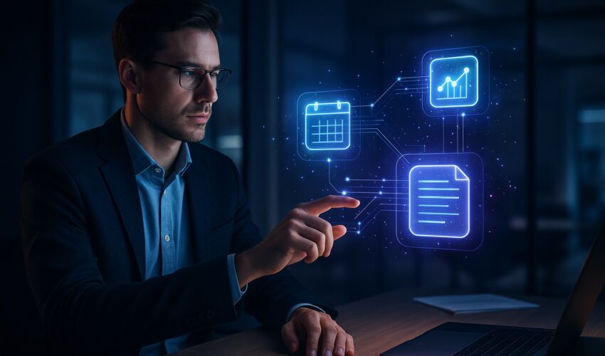 A person managing their workflow on a futuristic screen showing icons for the top AI productivity apps of 2025.