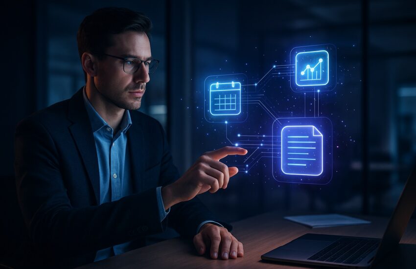 A person managing their workflow on a futuristic screen showing icons for the top AI productivity apps of 2025.