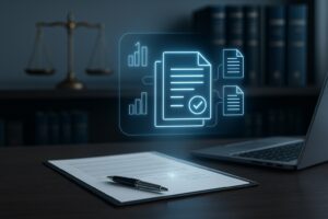 A lawyer reviews legal data on a futuristic holographic screen, representing the top AI-powered apps used by personal injury lawyers.