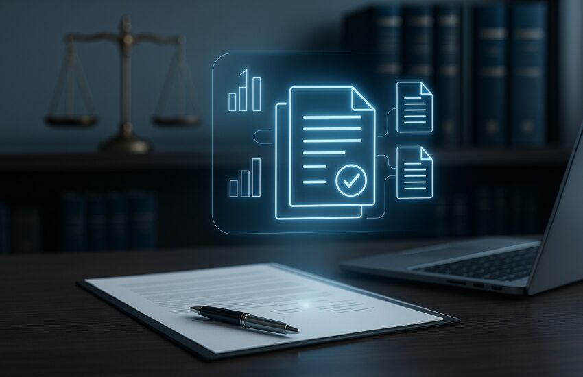 A lawyer reviews legal data on a futuristic holographic screen, representing the top AI-powered apps used by personal injury lawyers.