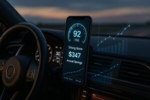 Smartphone on a car dashboard showing an insurance app that monitors driving behavior with a driving score and savings graph.