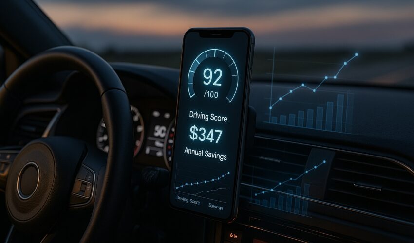 Smartphone on a car dashboard showing an insurance app that monitors driving behavior with a driving score and savings graph.