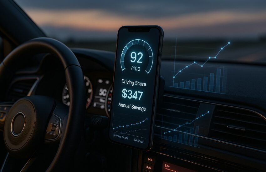 Smartphone on a car dashboard showing an insurance app that monitors driving behavior with a driving score and savings graph.