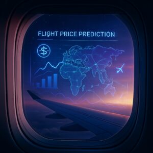 A futuristic display showing AI flight data over an airplane wing, illustrating the use of AI-powered apps to find cheap flights.
