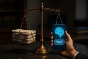 A balance scale weighing legal documents against a glowing AI cube, symbolizing the accuracy of AI-powered legal case evaluation apps for injury claims.