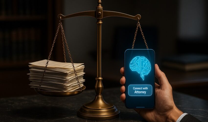 A balance scale weighing legal documents against a glowing AI cube, symbolizing the accuracy of AI-powered legal case evaluation apps for injury claims.