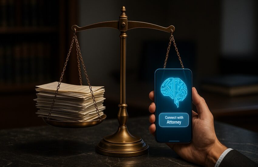 A balance scale weighing legal documents against a glowing AI cube, symbolizing the accuracy of AI-powered legal case evaluation apps for injury claims.