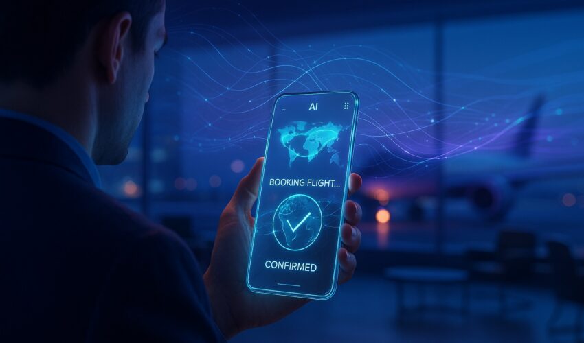 A traveler uses a futuristic smartphone showcasing one of the Best AI-Powered Travel Apps to Book Flights Automatically in 2025.