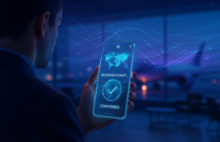 A traveler uses a futuristic smartphone showcasing one of the Best AI-Powered Travel Apps to Book Flights Automatically in 2025.