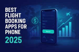 A smartphone displaying one of the Best Flight Booking Apps for Phone 2025, surrounded by charts and graphs that illustrate money saved on flights.