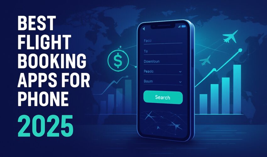 A smartphone displaying one of the Best Flight Booking Apps for Phone 2025, surrounded by charts and graphs that illustrate money saved on flights.