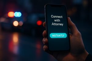 A hand holding a phone displaying one of the best legal apps to instantly connect with a car accident attorney after an incident.