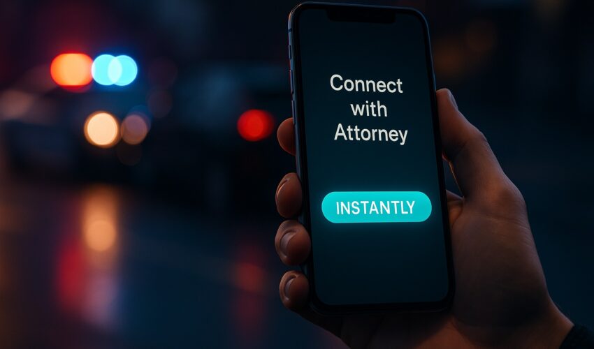 A hand holding a phone displaying one of the best legal apps to instantly connect with a car accident attorney after an incident.