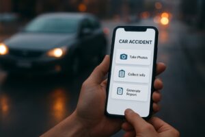A driver uses a smartphone to document a crash scene with one of the best mobile apps for accident claims.