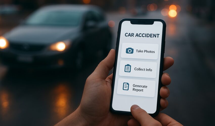 A driver uses a smartphone to document a crash scene with one of the best mobile apps for accident claims.