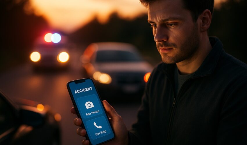 A driver uses a car accident claim app on their smartphone to safely document evidence and file a report at the scene of a collision.