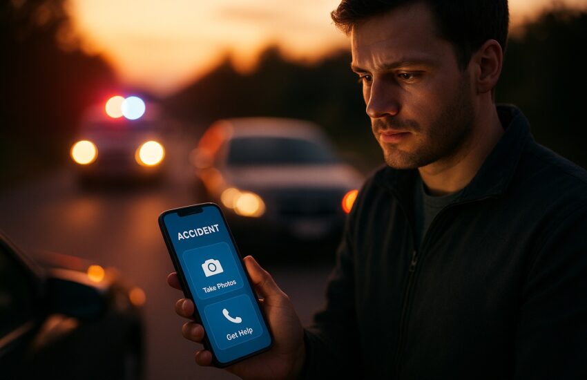 A driver uses a car accident claim app on their smartphone to safely document evidence and file a report at the scene of a collision.