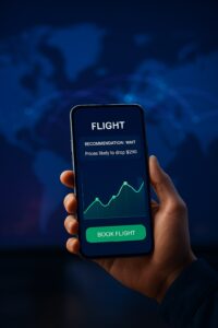 A traveler holding a smartphone with a flight booking app with price prediction feature, showing an AI graph forecasting a price drop.