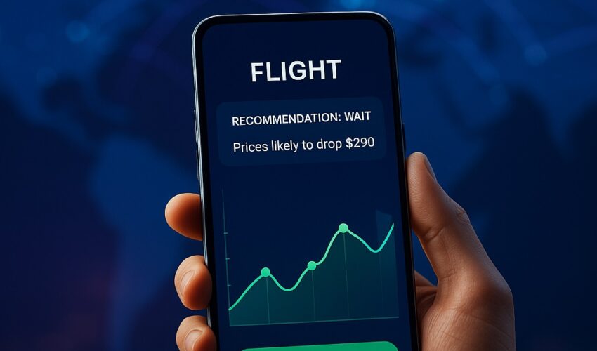 A traveler holding a smartphone with a flight booking app with price prediction feature, showing an AI graph forecasting a price drop.