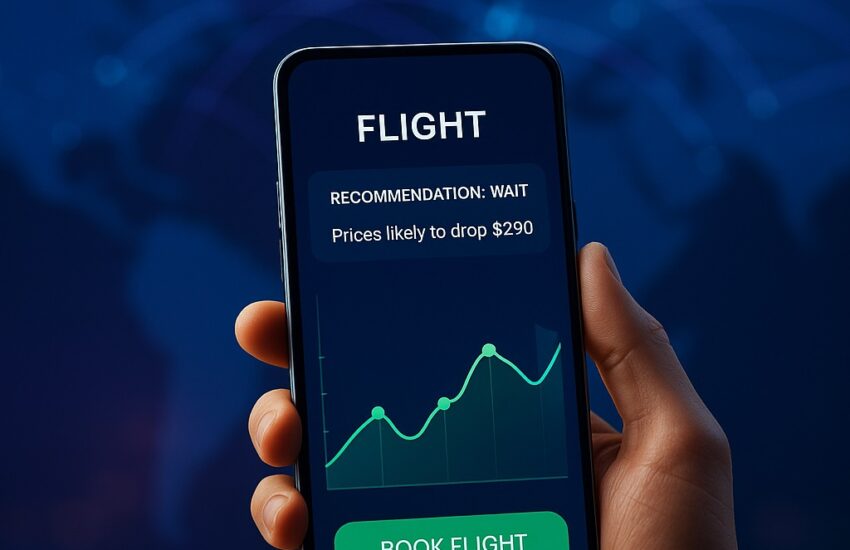 A traveler holding a smartphone with a flight booking app with price prediction feature, showing an AI graph forecasting a price drop.