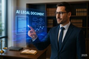 A lawyer in a 2025 office using a futuristic AI interface for law firm automation to manage legal paperwork.