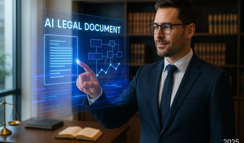 A lawyer in a 2025 office using a futuristic AI interface for law firm automation to manage legal paperwork.