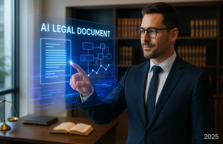 A lawyer in a 2025 office using a futuristic AI interface for law firm automation to manage legal paperwork.