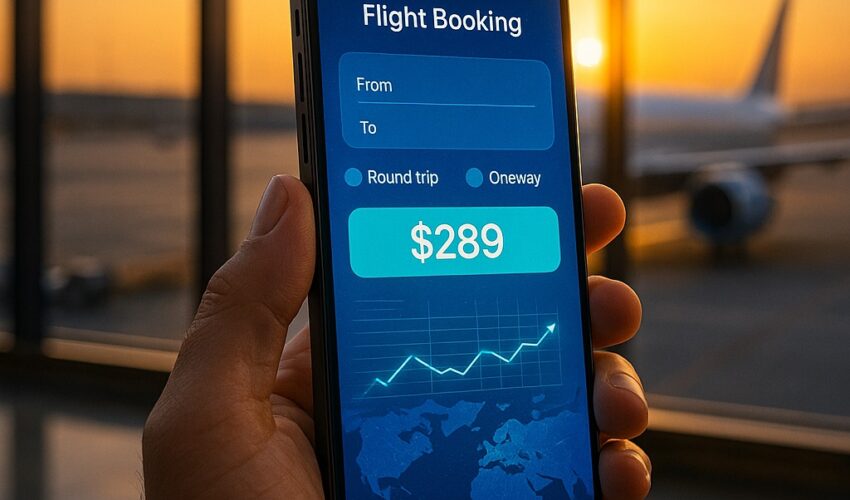 A traveler using one of the top apps to book round-trip tickets under $300 on their smartphone in an airport.